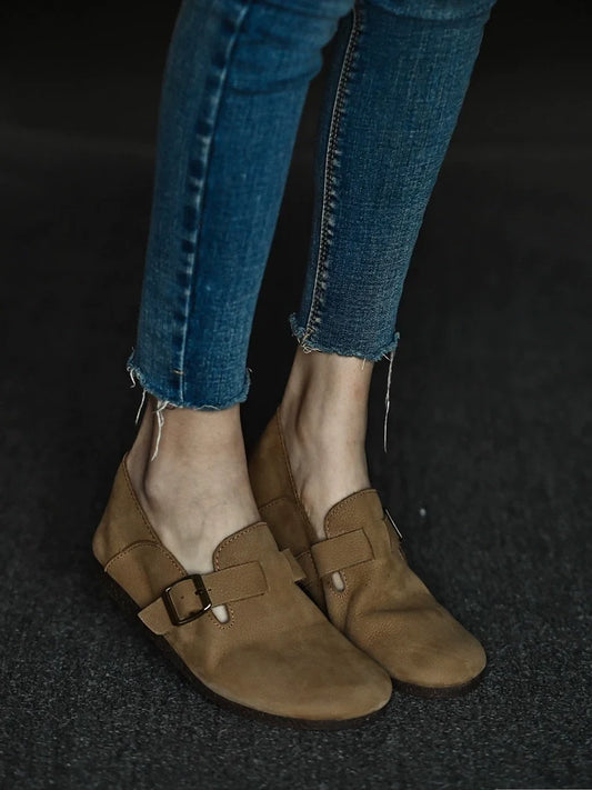 Tan Buckle Leather Loafers