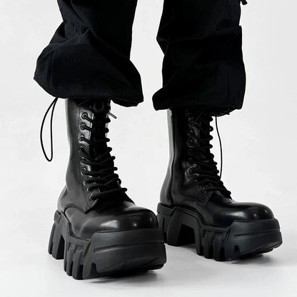 Chunky Sole High-Top Zipper Design Leather Boots
