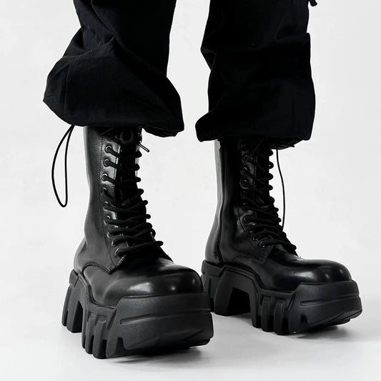 Chunky Sole High-Top Zipper Design Leather Boots