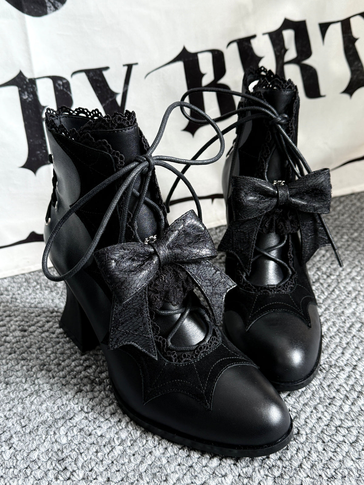 Lace Bow Purple Spider Web Ankle Boots