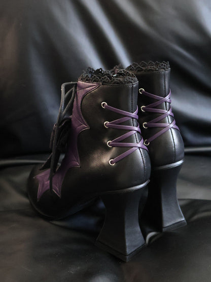 Lace Bow Purple Spider Web Ankle Boots