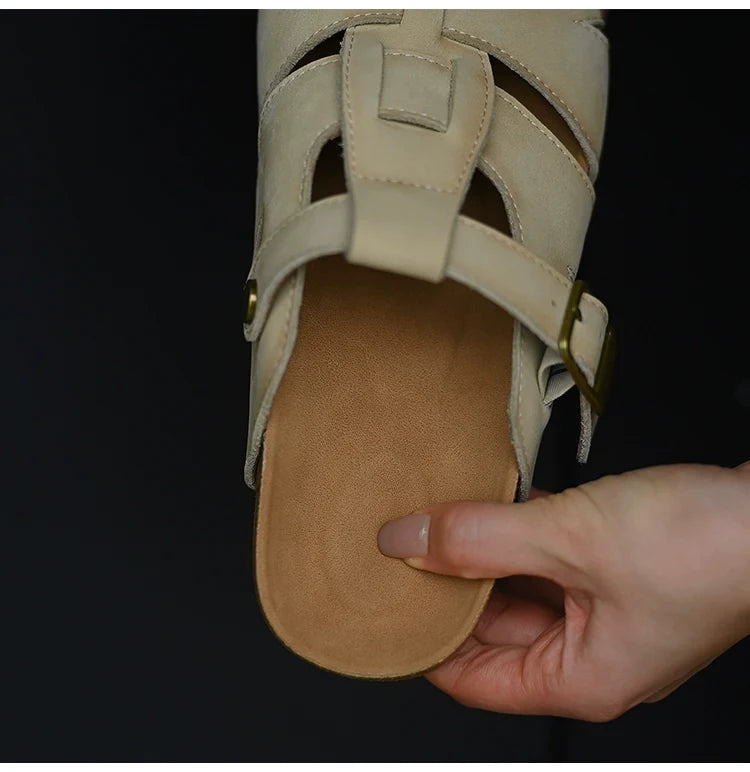 Beige Leather Buckle Strap Sandals