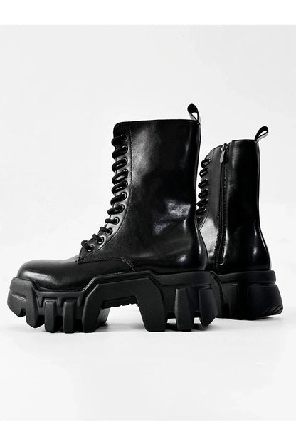 Futuristic Black Zip Platform Combat Boots