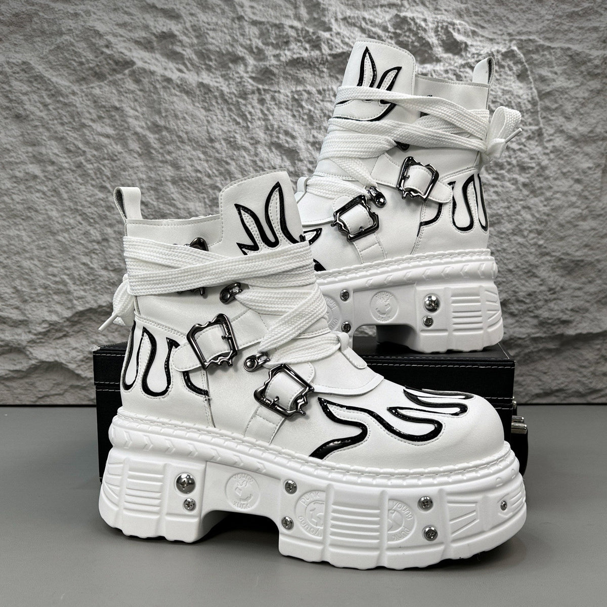 Flame Embroidery Strap Buckle Platform Short Boots
