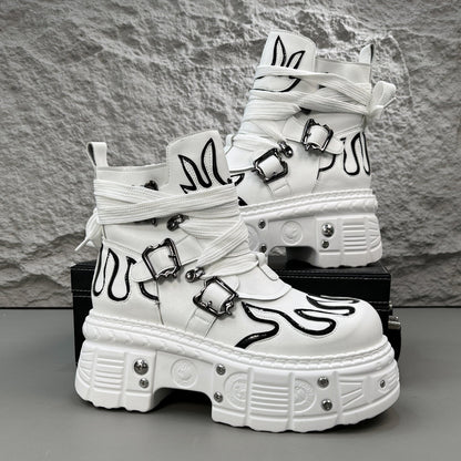 Flame Embroidery Strap Buckle Platform Short Boots