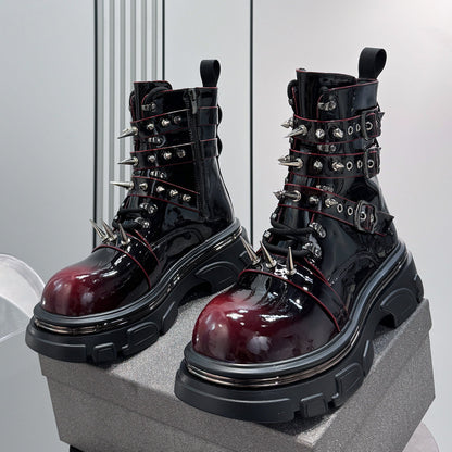 Patent Strap Buckle Spike Platform Boots