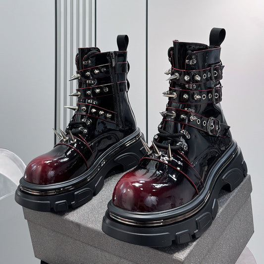 Patent Strap Buckle Spike Platform Boots