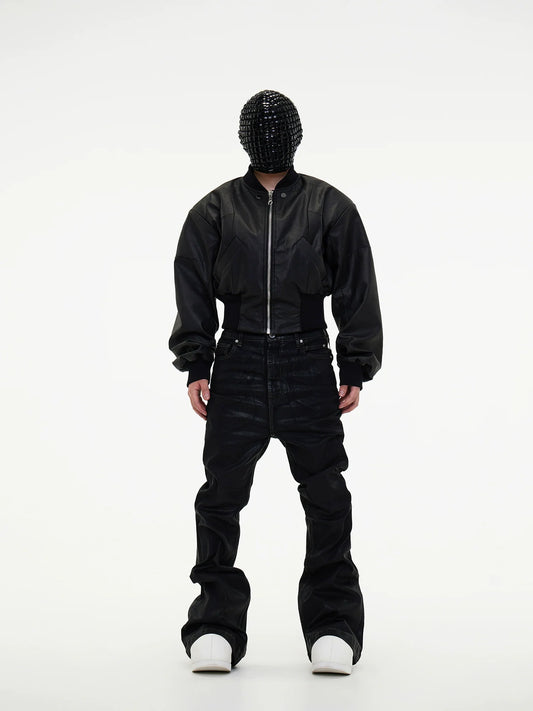 Waxed Coating Strap Detail Flare Denim Jeans