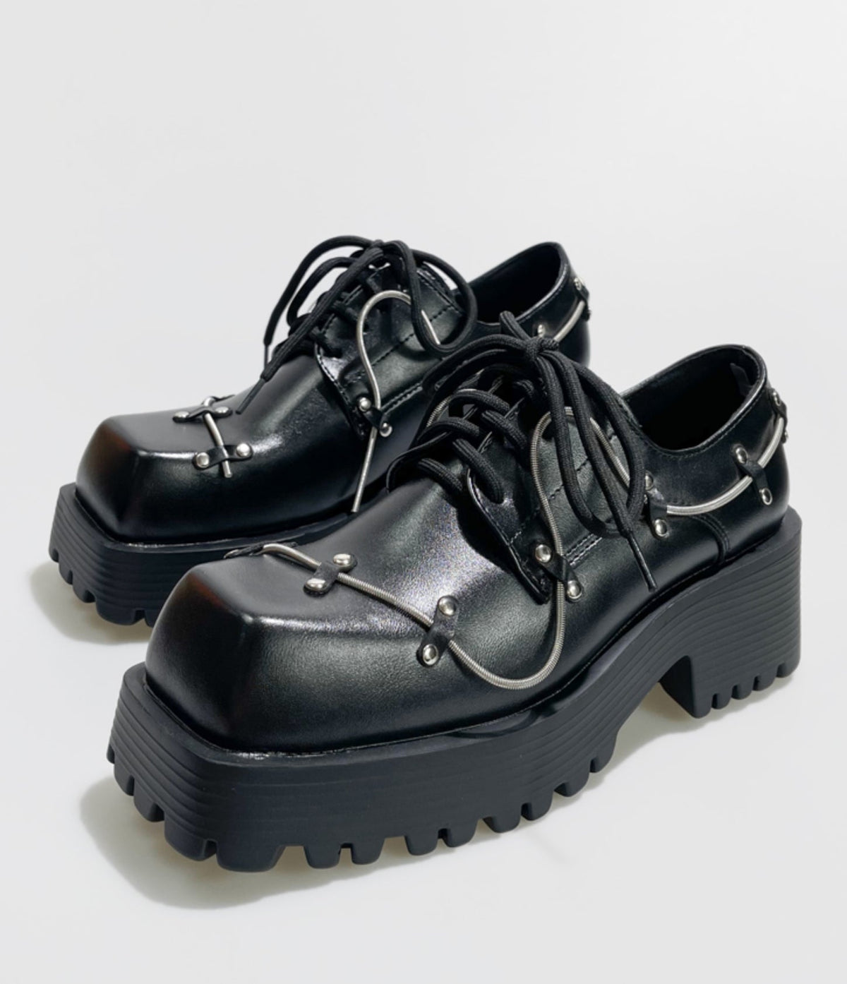 Square Toe Chunky Heel Leather Platform Derby Shoes