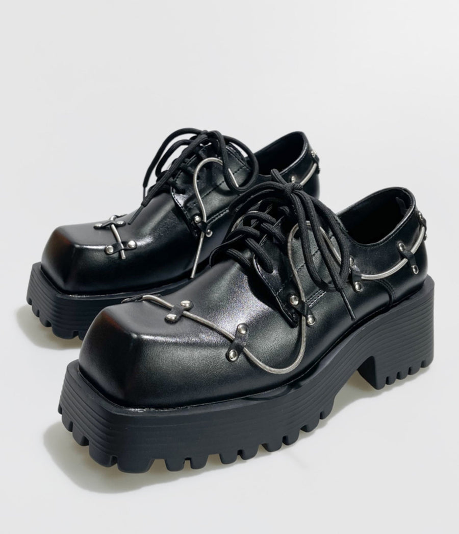 Square Toe Chunky Heel Leather Platform Derby Shoes