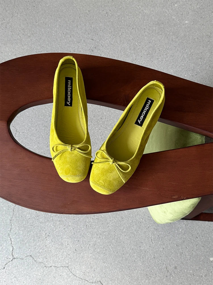 Bow-Trim Velvet Square-Toe Ballet Flats
