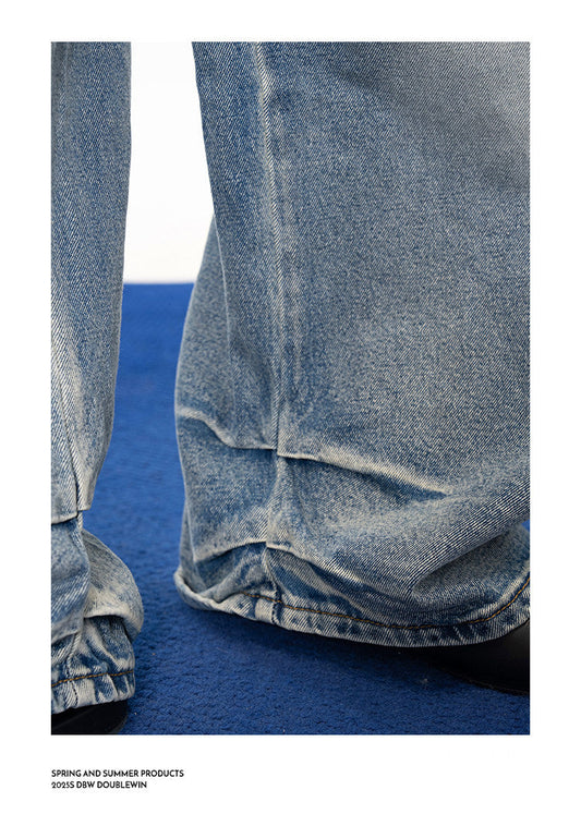 Vintage Distressed 3D Pleated Jeans