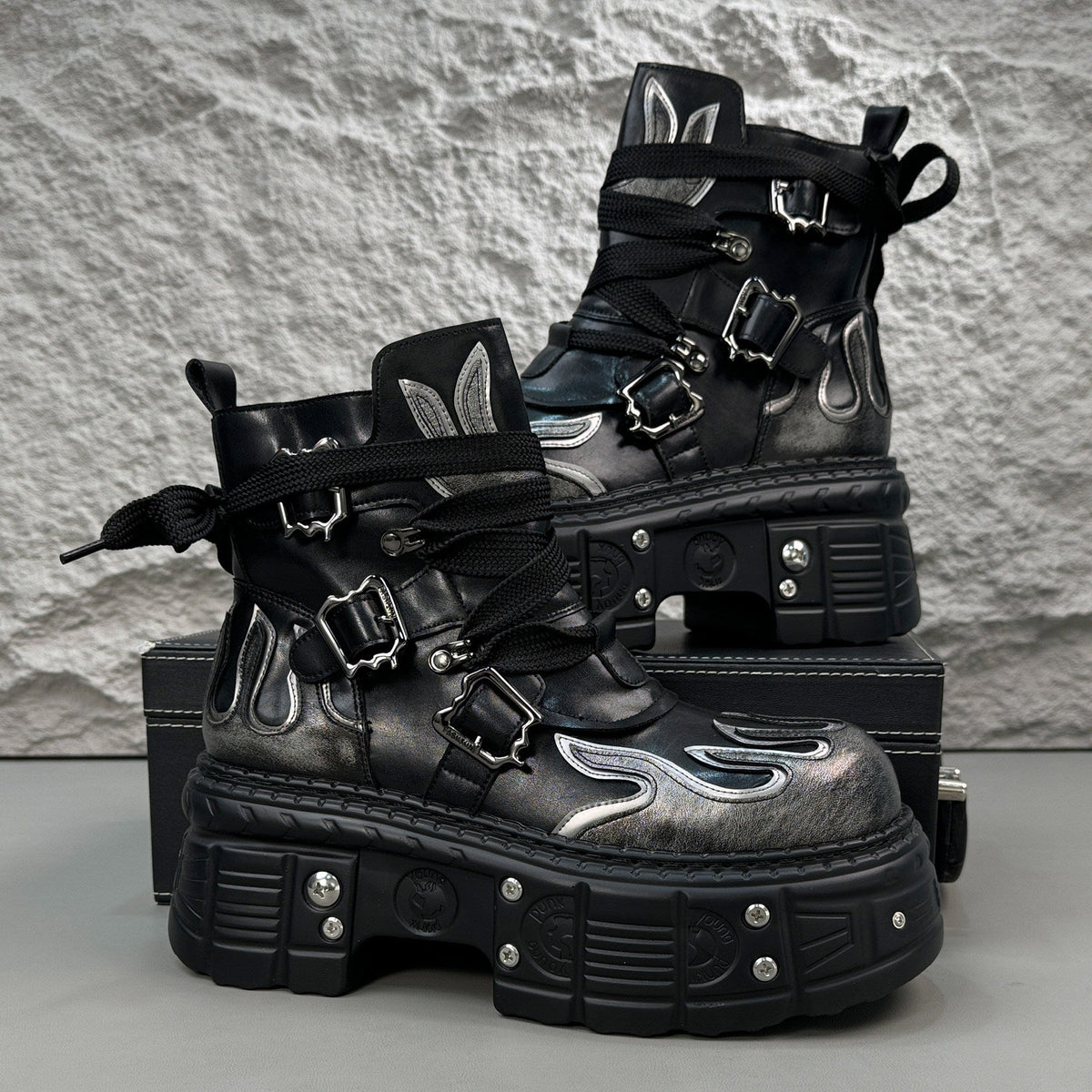 Flame Embroidery Strap Buckle Platform Short Boots