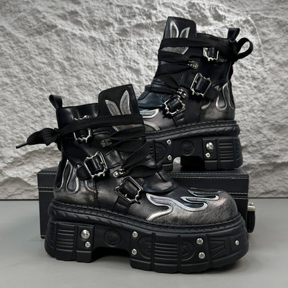 Flame Embroidery Strap Buckle Platform Short Boots