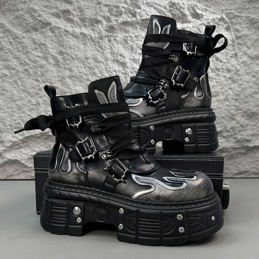 Flame Embroidery Strap Buckle Platform Short Boots