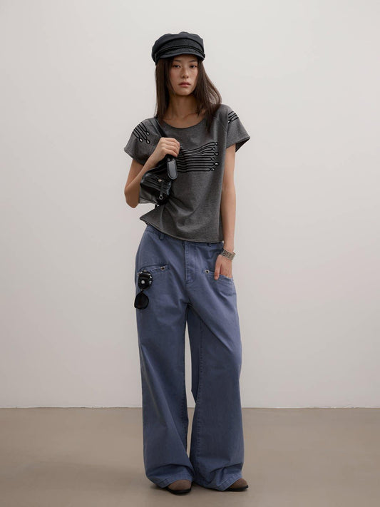 Faded Eyelet Pockets Straight Pants