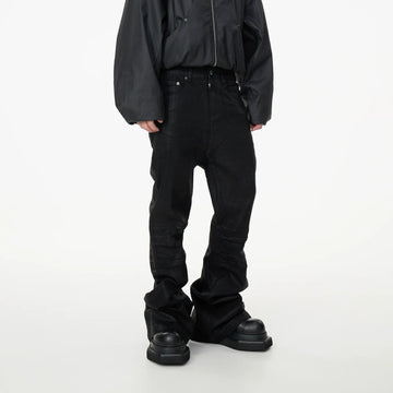 Coated Creased Texture Flare Denim Jeans
