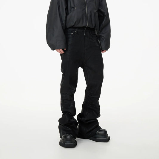 Coated Creased Texture Flare Denim Jeans
