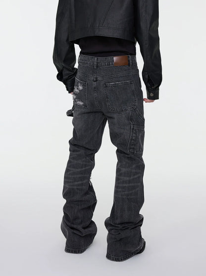 Whisker Rip Damage Stacked Flare Denim Jeans
