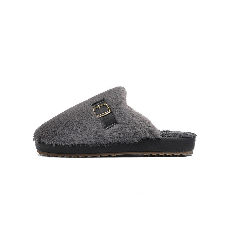 Fake Fur Buckle Detail Warm Mules