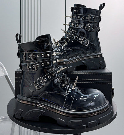 Patent Strap Buckle Spike Platform Boots