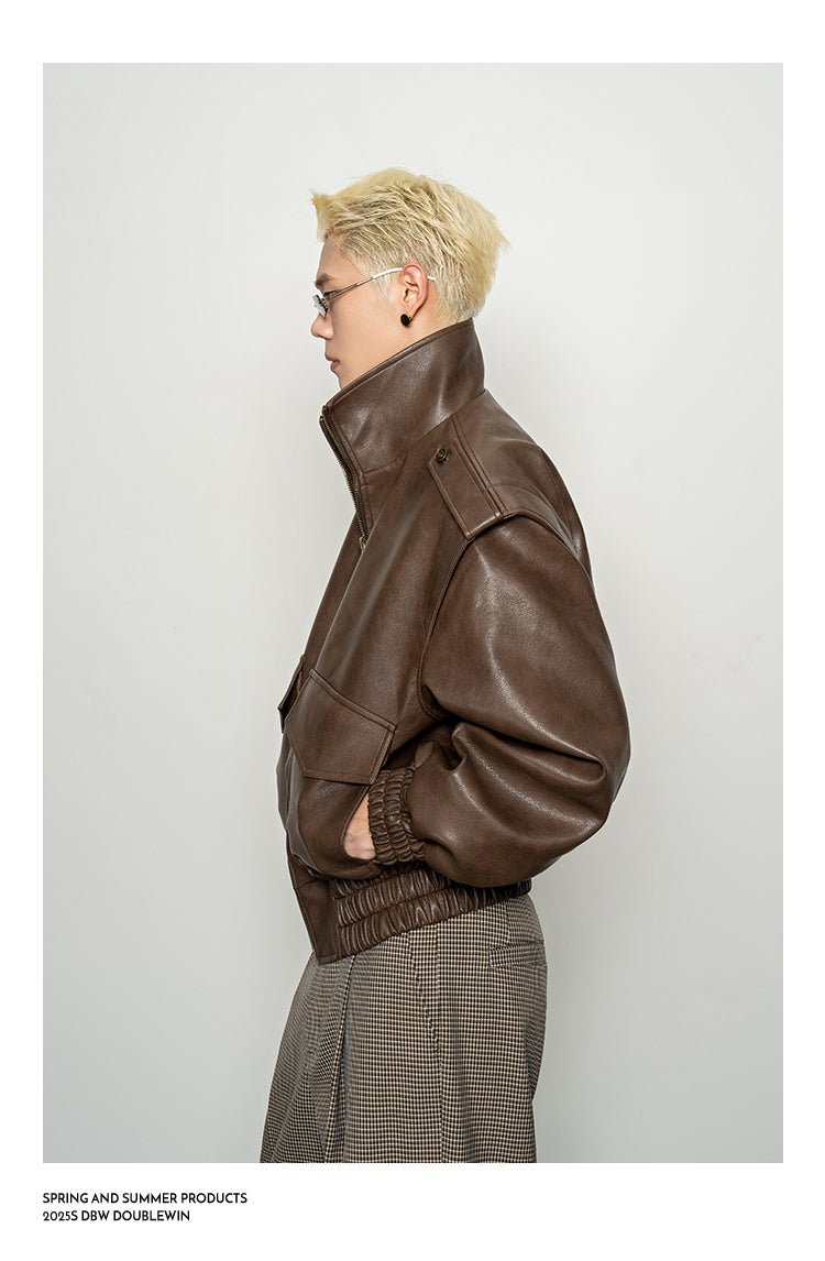 Wide-Shoulder High-Neck Leather Jacket
