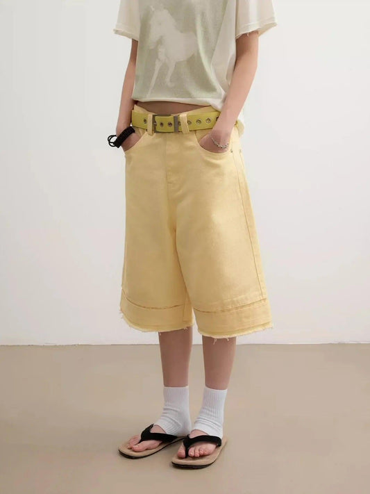Pleated Raw Edge Wide Shorts