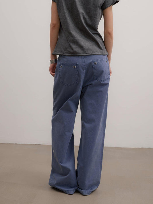 Faded Eyelet Pockets Straight Pants