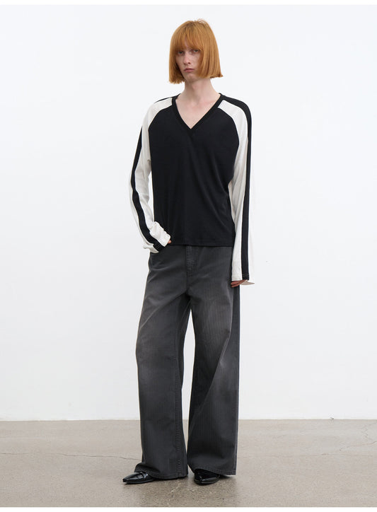 Dark-Striped Washed Denim Pants