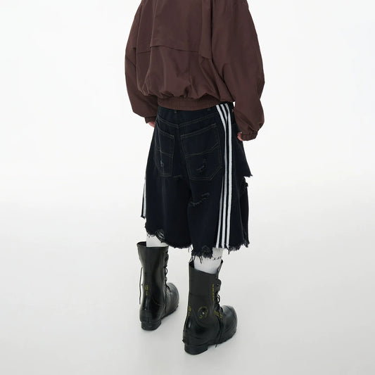 Washed Damage Fringe Wide Leg Three-Stripe Half Denim Jeans