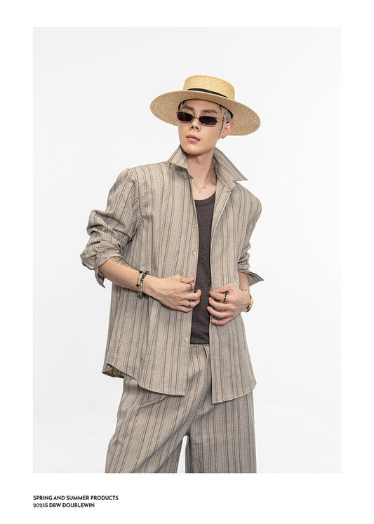 Drape-style Vertical Stripe Shirt Set