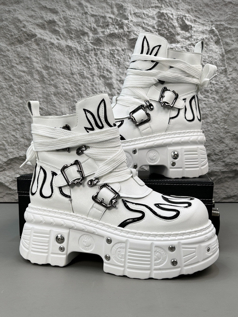 Flame Embroidery Strap Buckle Platform Short Boots