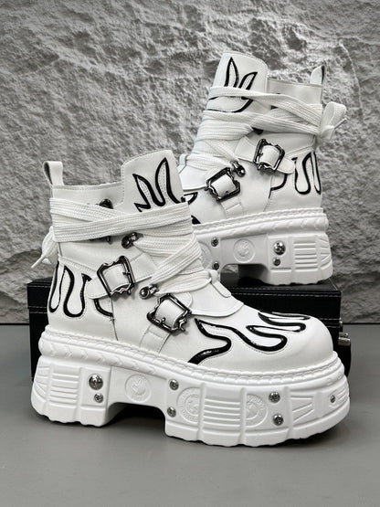 Flame Embroidery Strap Buckle Platform Short Boots