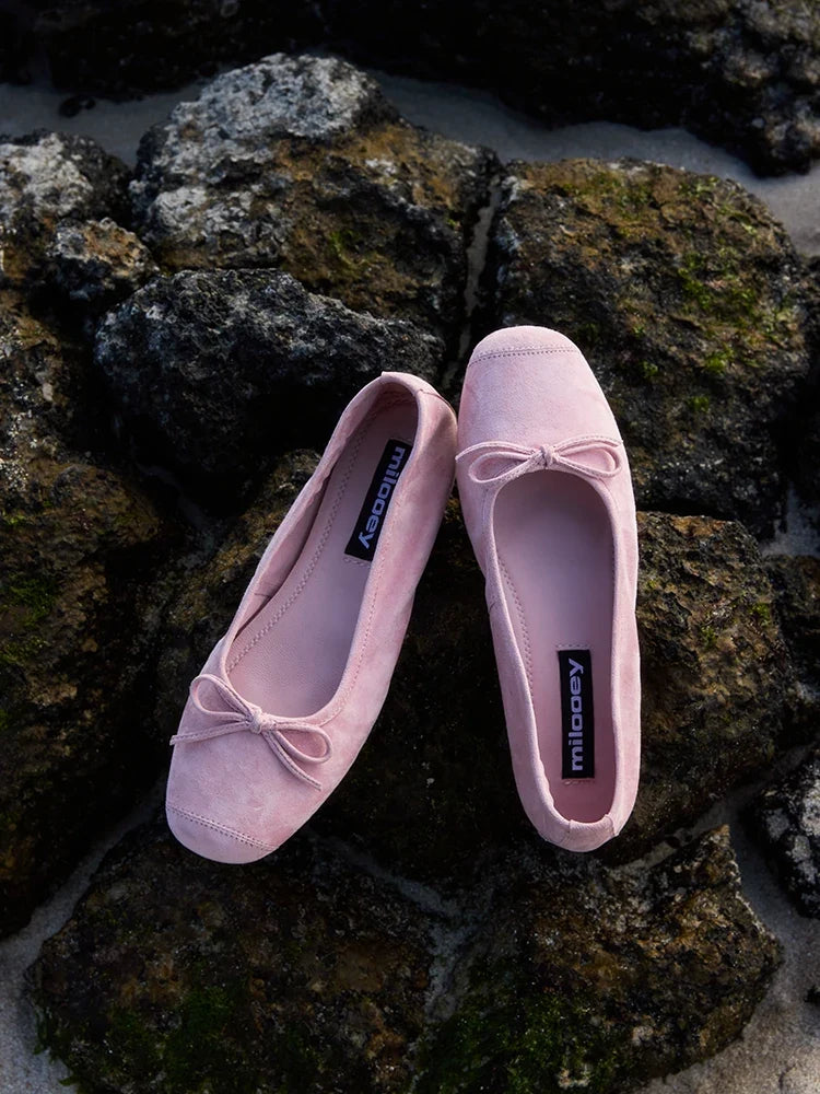 Bow-Trim Velvet Square-Toe Ballet Flats