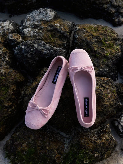Bow-Trim Velvet Square-Toe Ballet Flats