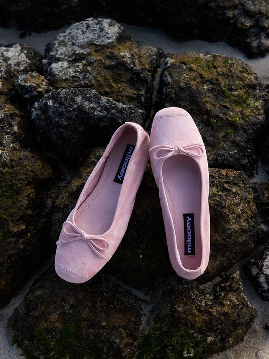 Bow-Trim Velvet Square-Toe Ballet Flats