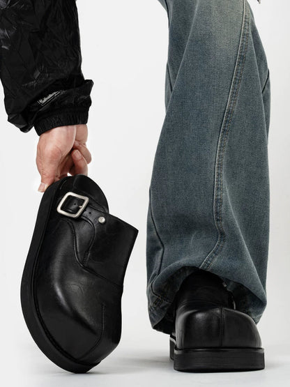 Onyx Buckle Platform Mules
