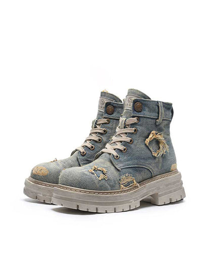 Denim Ripped Platform Boots with Ribbons