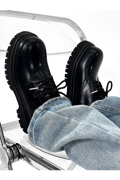 Chunky Black Matte and Glossy Platform Derby Shoes