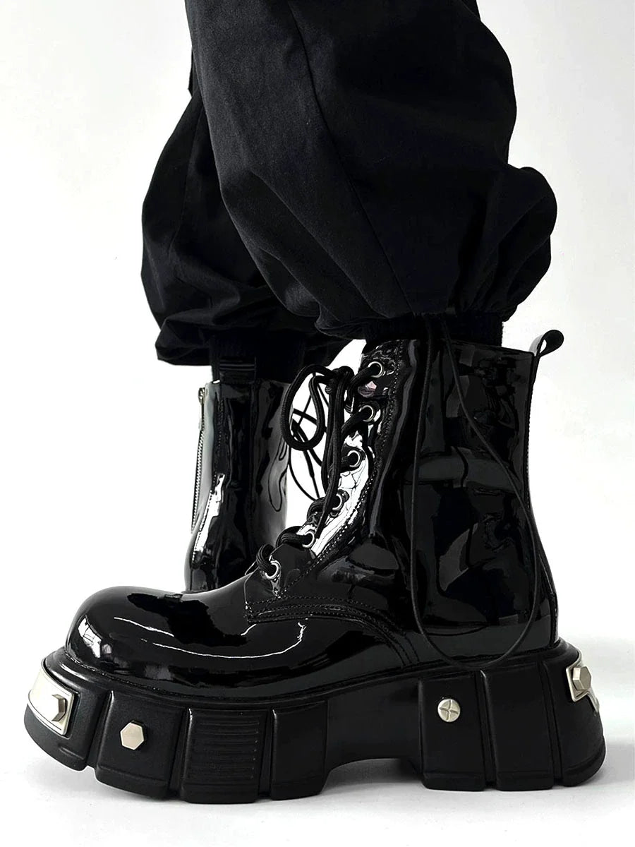 Chunky Sole Zipper Design High-Top Leather Boots