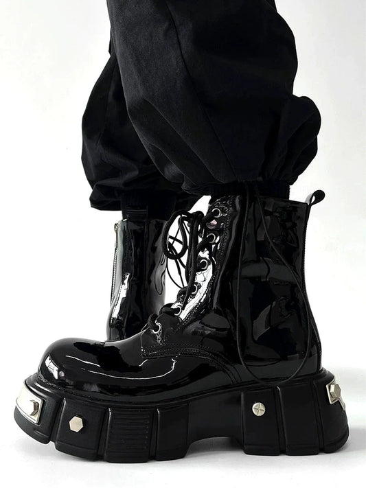 Chunky Sole Zipper Design High-Top Leather Boots