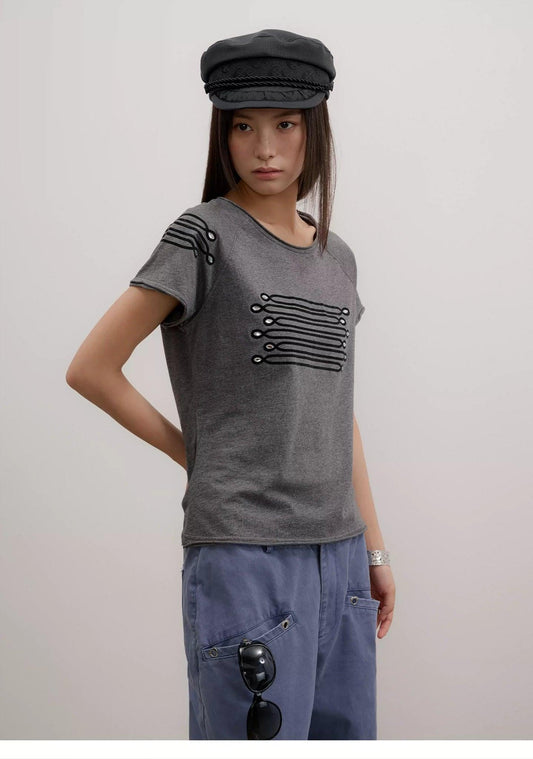 Flocked Embroidery Pattern Raglan T-Shirt