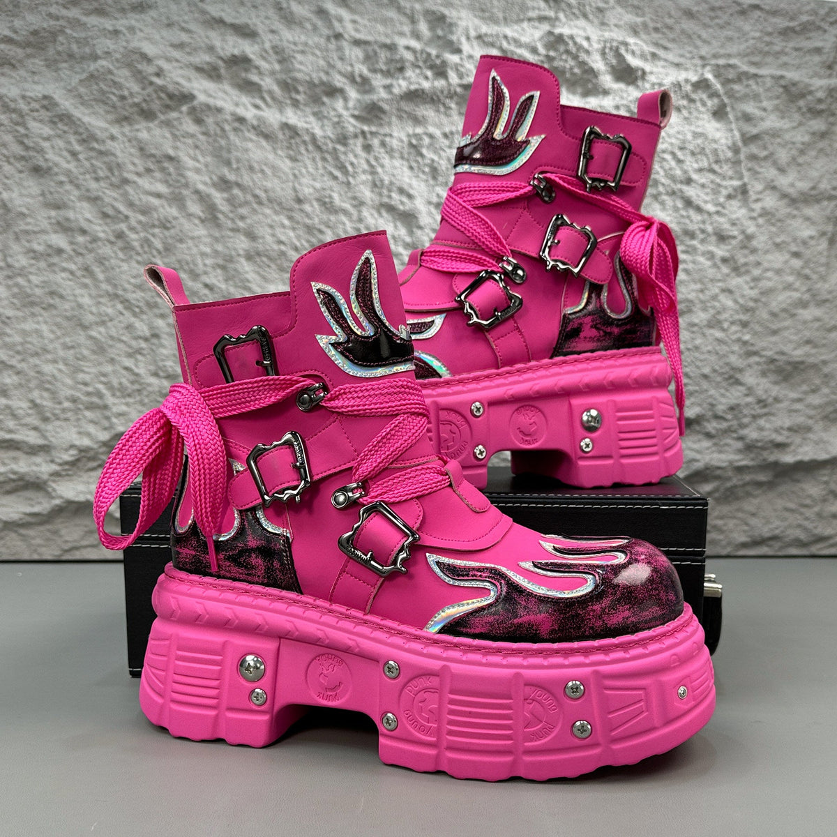 Flame Embroidery Strap Buckle Platform Short Boots