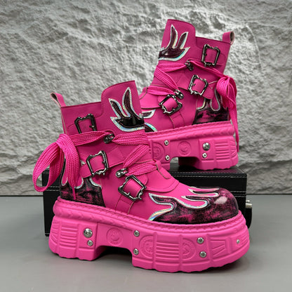 Flame Embroidery Strap Buckle Platform Short Boots