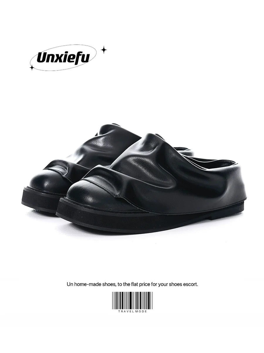 Wrinkled Chunky Sole Leather Mule Shoes
