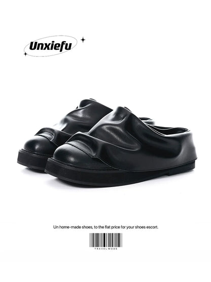 Wrinkled Chunky Sole Leather Mule Shoes