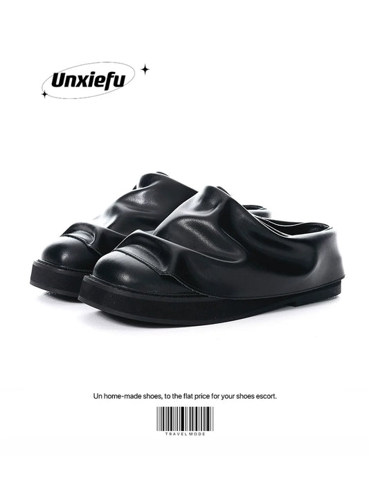 Wrinkled Chunky Sole Leather Mule Shoes
