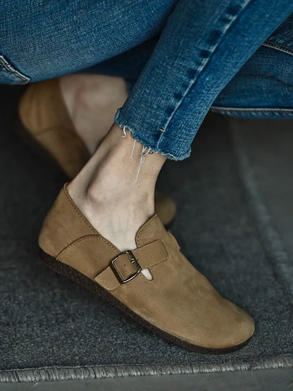 Tan Buckle Leather Loafers