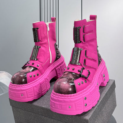 Patent Strap Buckle Studs Platform Short Boots