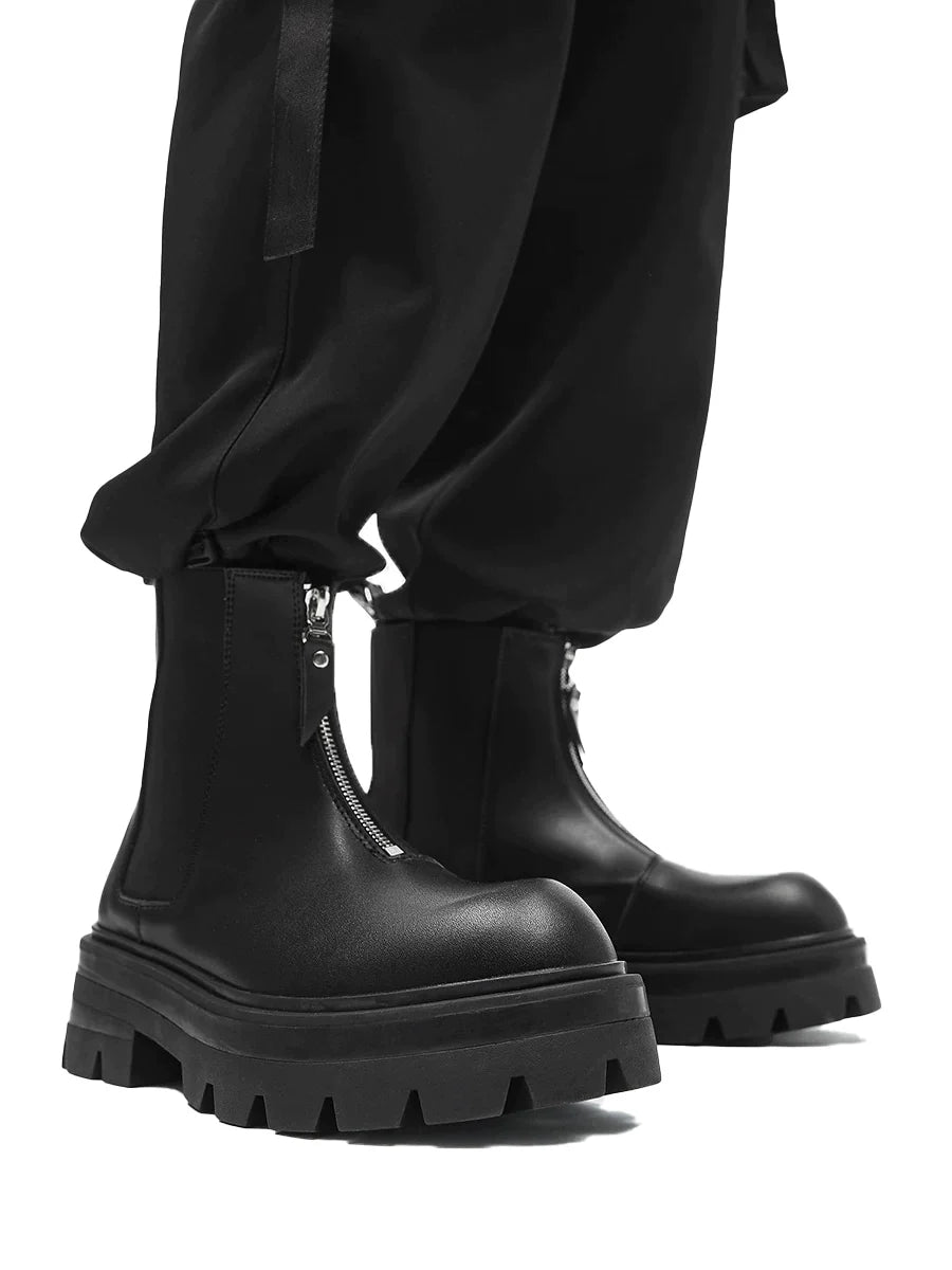 Chunky Sole Leather Zipper Chelsea Boots